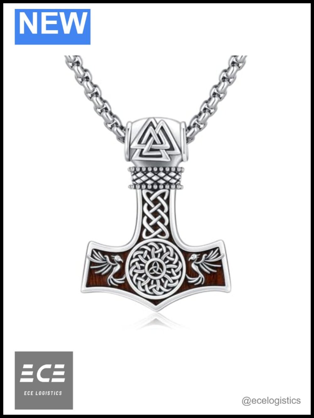 925 Sterling Silver Thor's Hammer Necklace Ebony Wood Viking Pendant